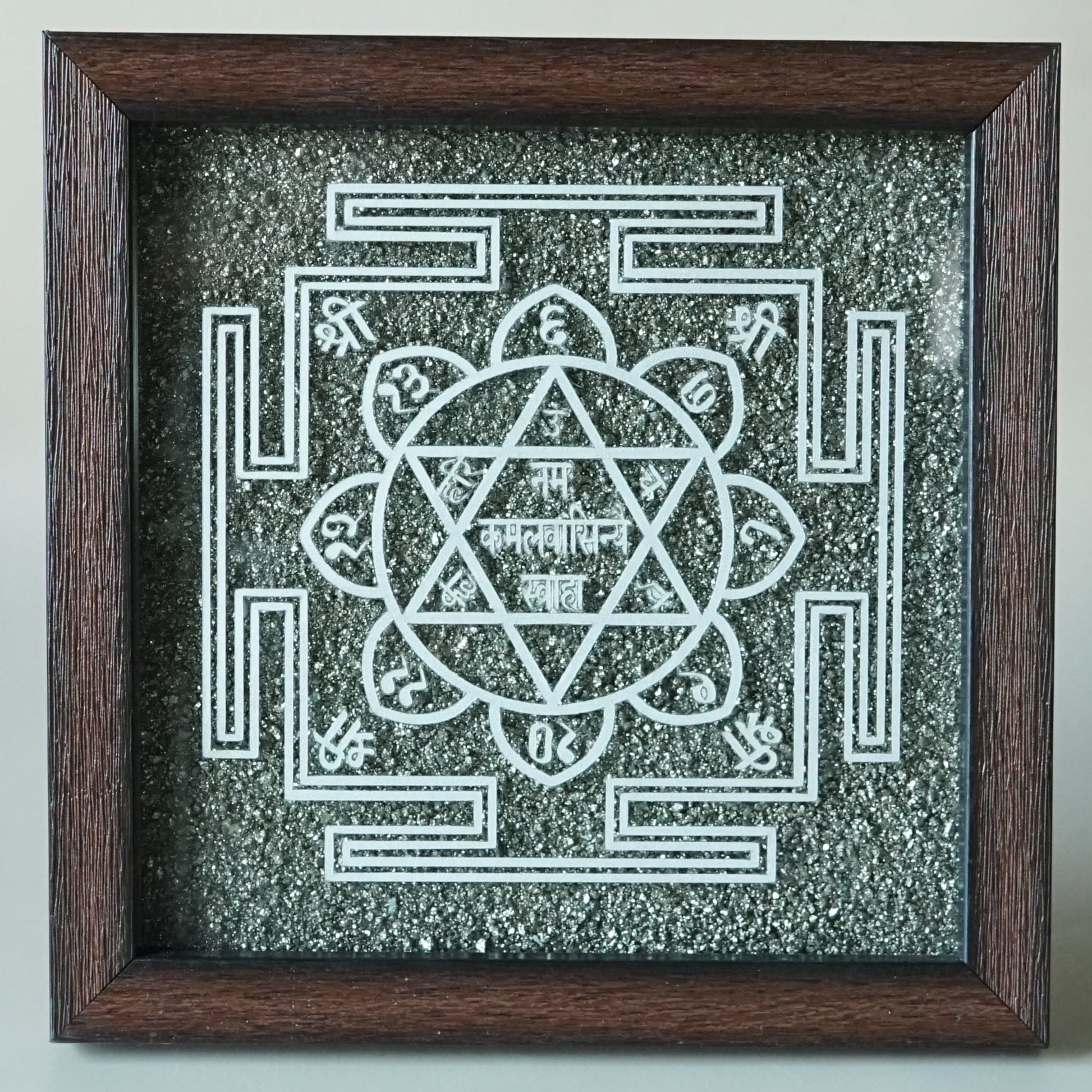 Pyrite Frame 6x6 inch ( frame design can vary )-Pyrite Cluster Frame With Nam Kamalavasiny Swah Yantra-Maitri Export | Crystals Store