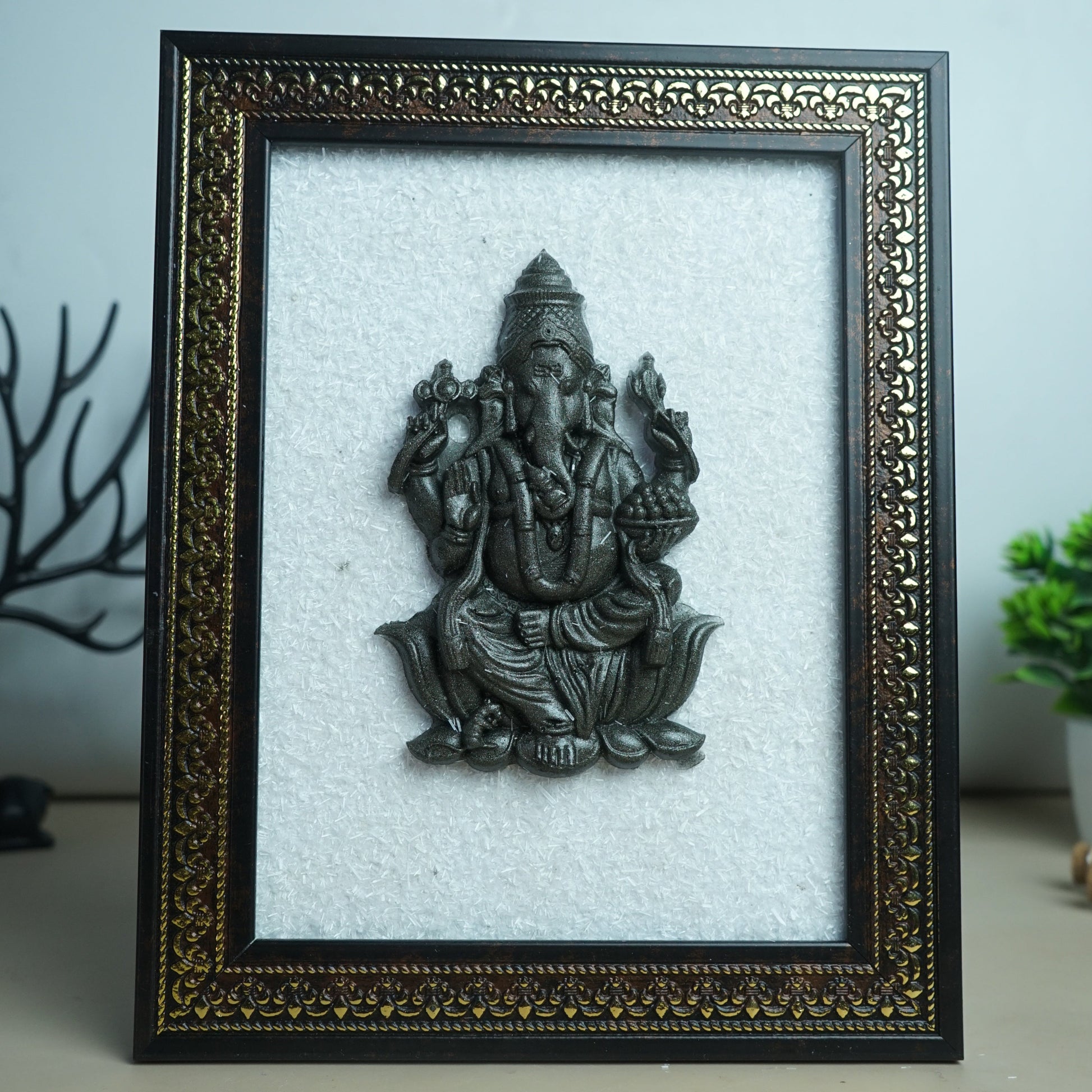 Pyrite Murti With Selenite Base Frame-Ganesha-Maitri Export | Crystals Store