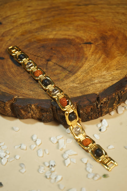 Metal crystal bracelets / kada [Golden]-Karungali Rudraksh Sphatik (clear quartz)-Maitri Export | Crystals Store