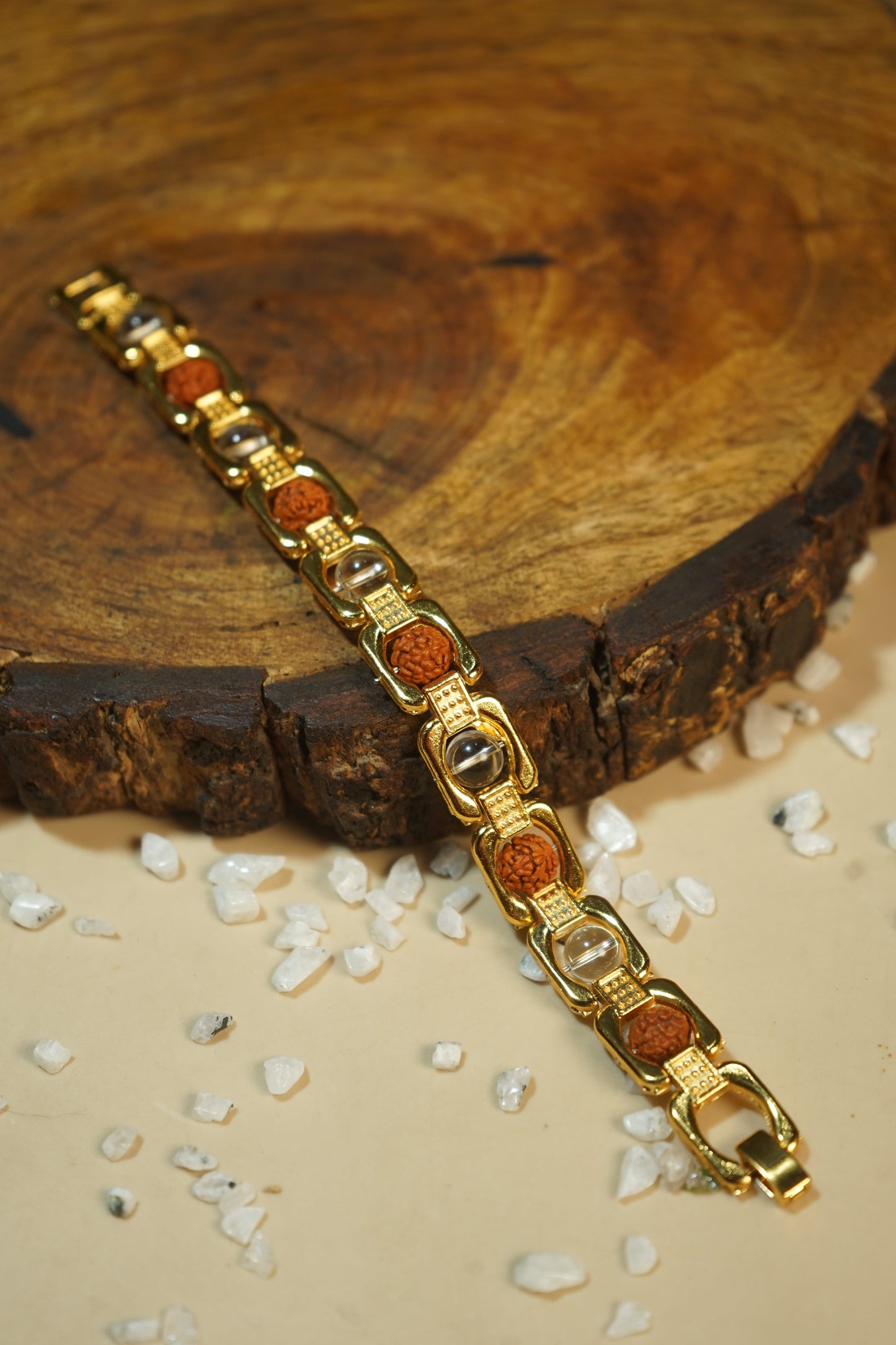 Metal crystal bracelets / kada [Golden]-Rudraksh Sphatik (clear quartz)-Maitri Export | Crystals Store