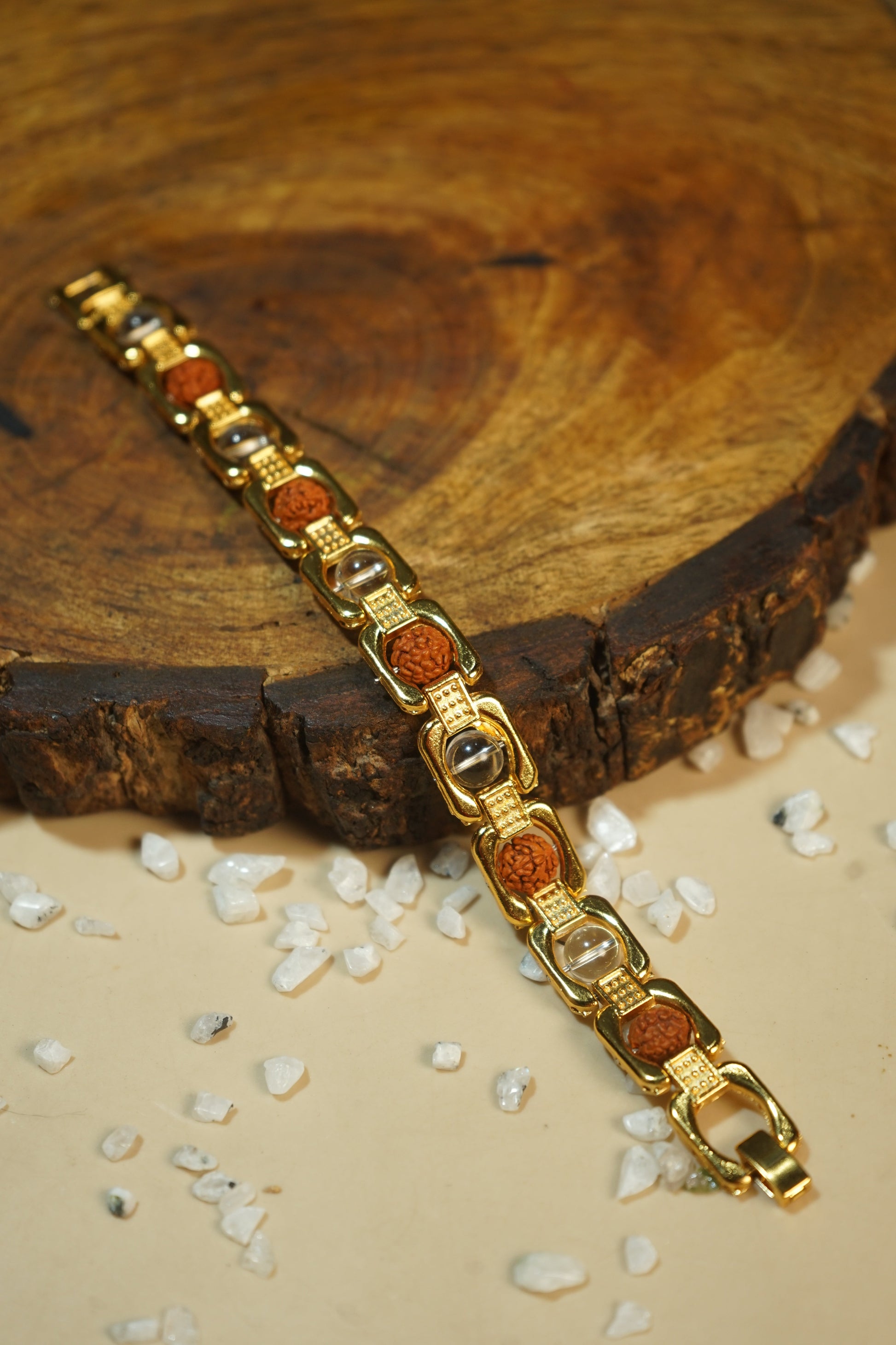 Metal crystal bracelets / kada [Golden]-Rudraksh Sphatik (clear quartz)-Maitri Export | Crystals Store