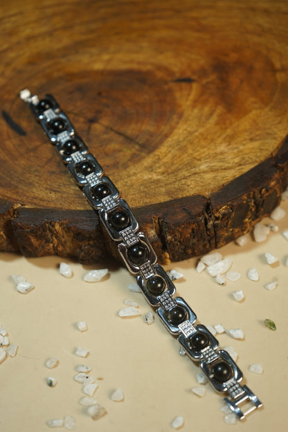 Metal crystal bracelets / kada [silver]-Black Obsidion-Maitri Export | Crystals Store