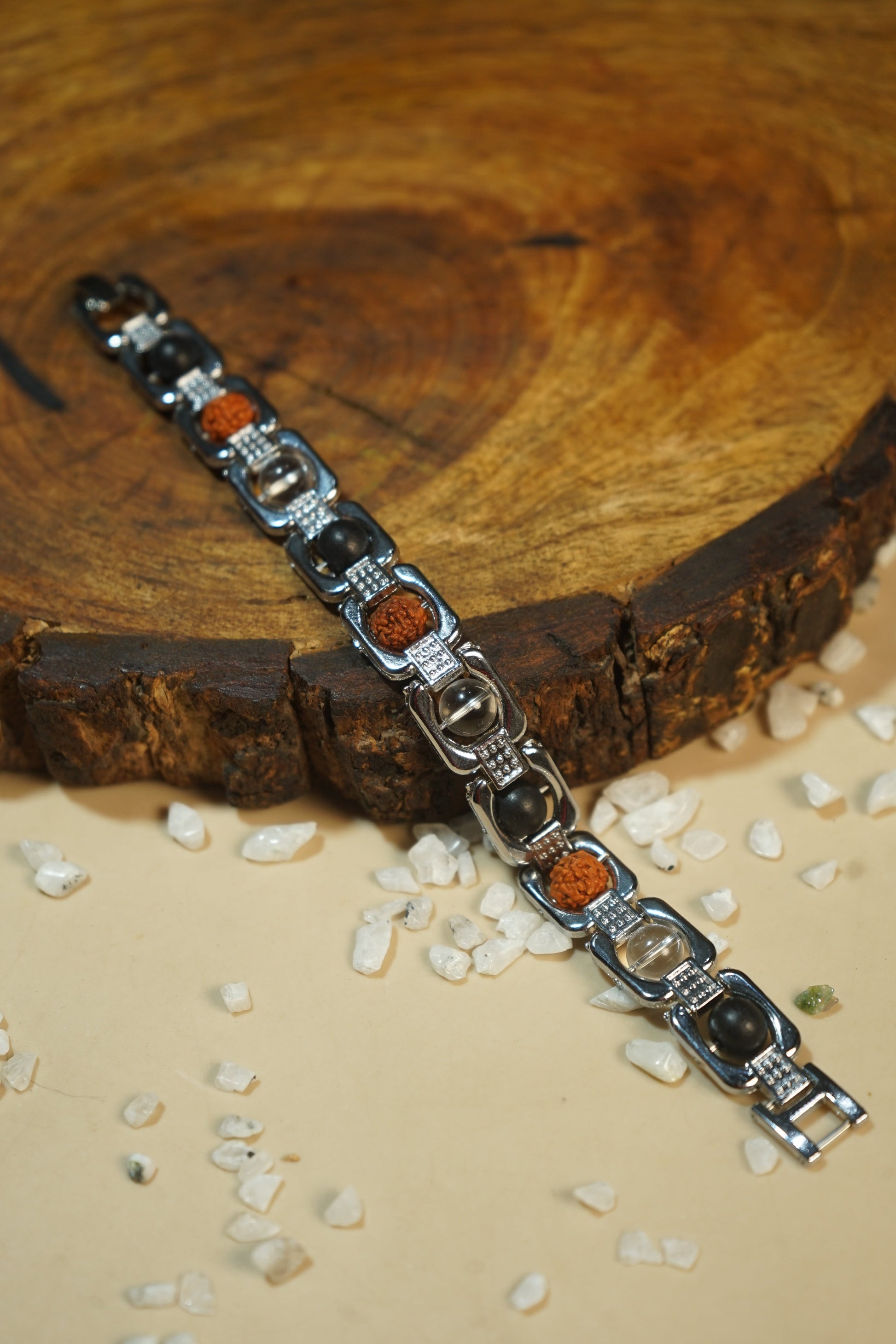 Metal crystal bracelets / kada [silver]-Karungali Rudraksh Sphatik (clear quartz)-Maitri Export | Crystals Store