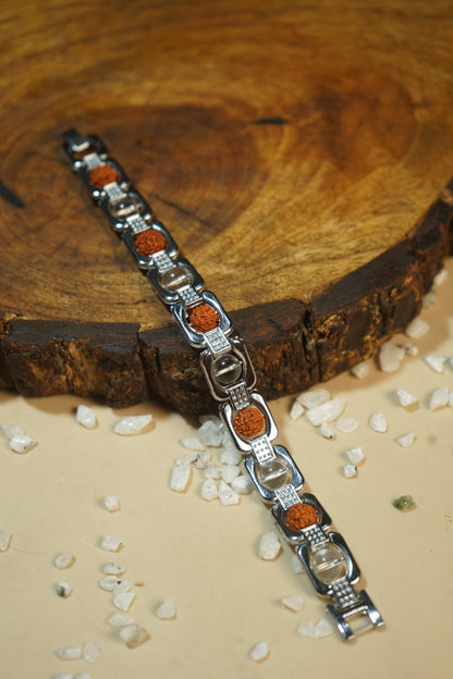 Metal crystal bracelets / kada [silver]-Rudraksh Sphatik (clear quartz)-Maitri Export | Crystals Store