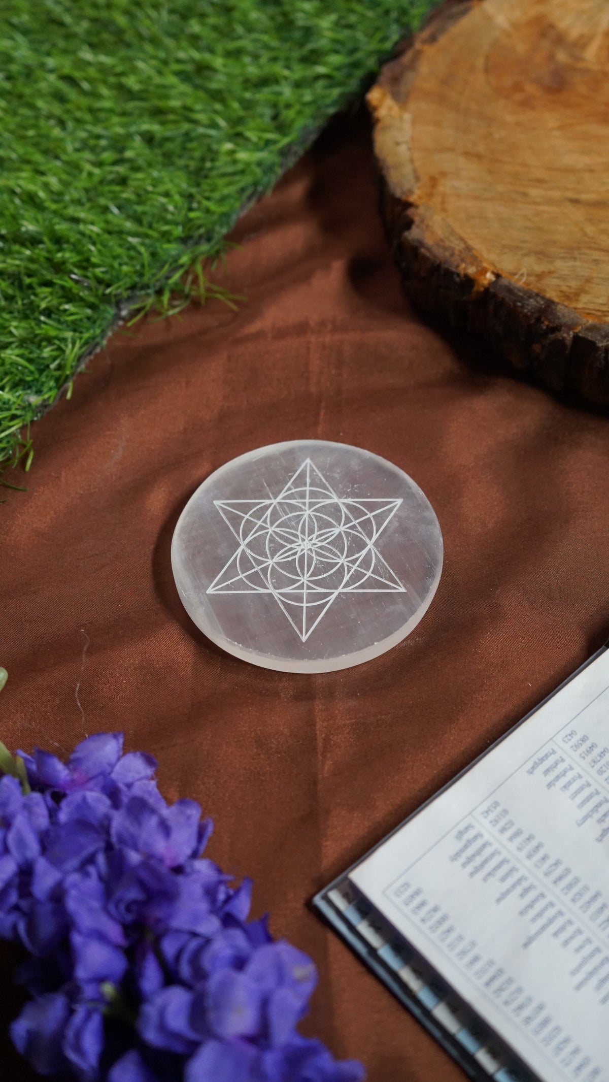 Natural selenite plate with different carvings-Round-Star Flower Of Life-Maitri Export | Crystals Store