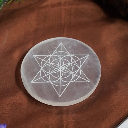 Natural selenite plate with different carvings 2 inch-Round-Star Flower of life-Maitri Export | Crystals Store