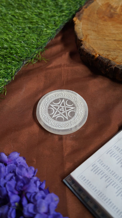 Natural selenite plate with different carvings 2 inch