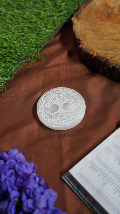 Natural selenite plate with different carvings 2 inch