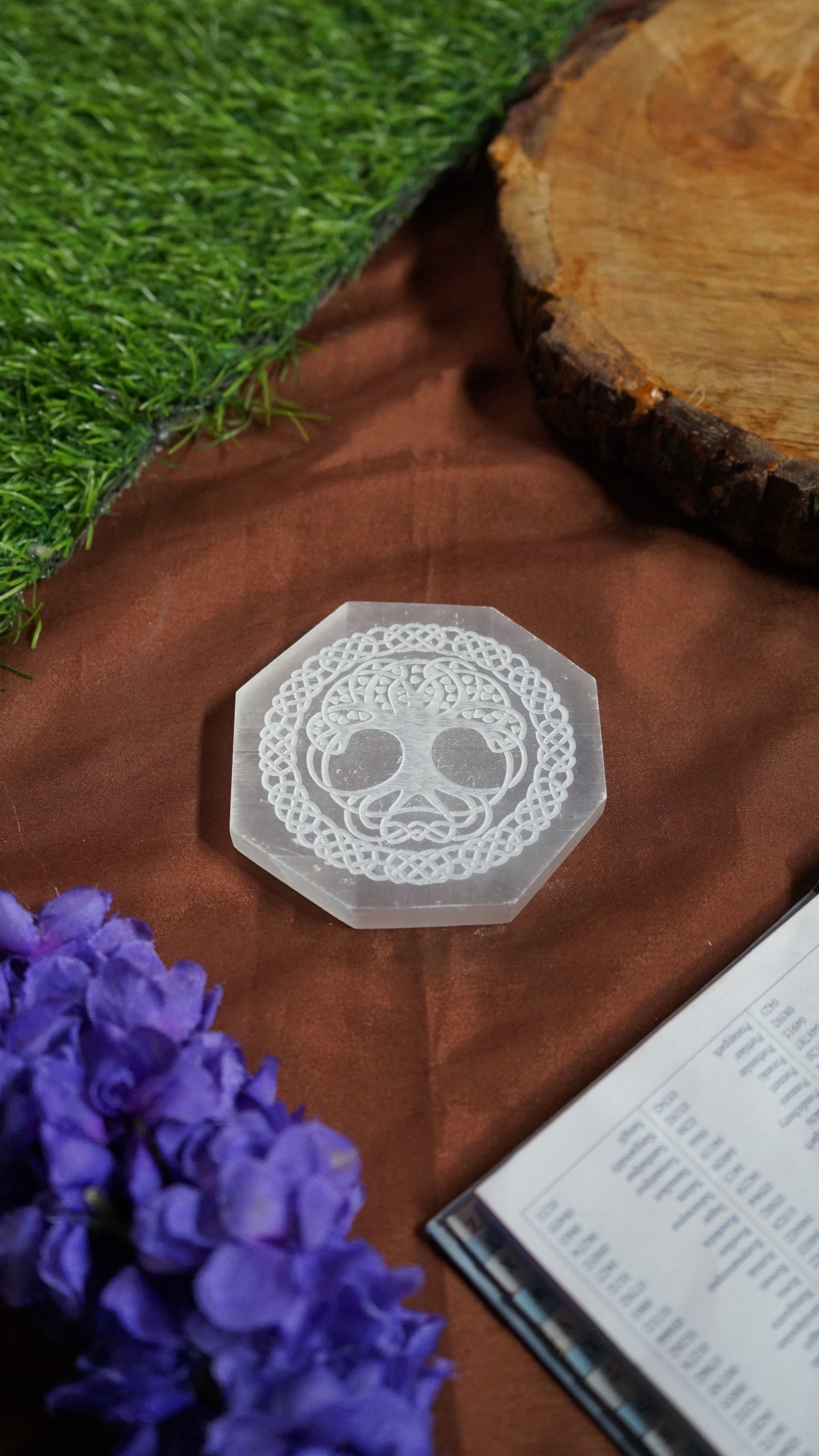 Natural selenite plate with different carvings-Round-Tree of Life-Maitri Export | Crystals Store