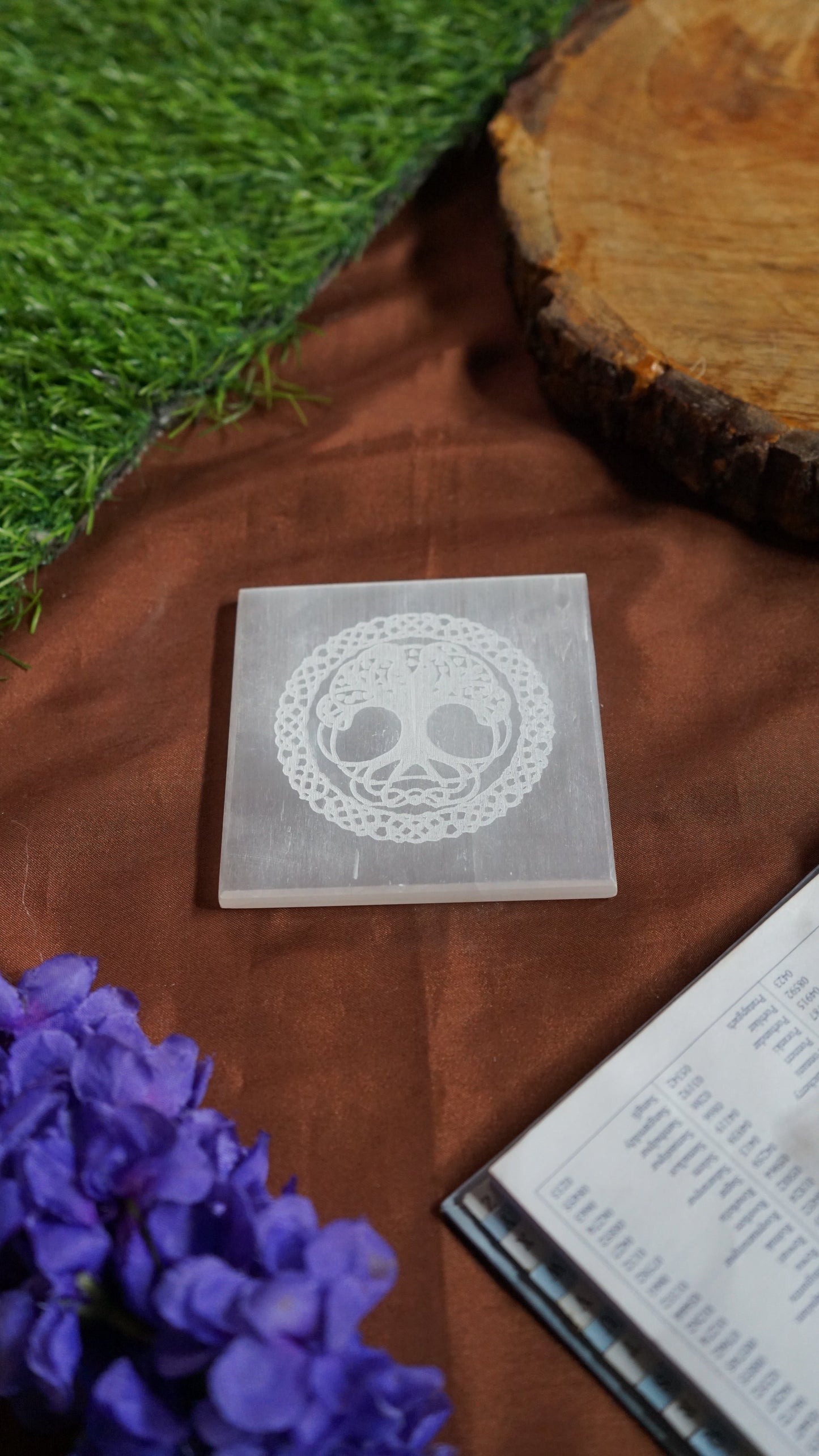 Natural selenite plate with different carvings 2 inch