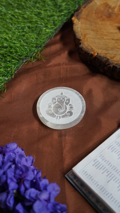 Natural selenite plate with different carvings 2 inch