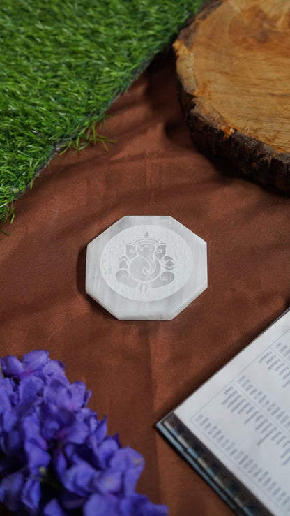 Natural selenite plate with different carvings-Octagon-White ganesha-Maitri Export | Crystals Store