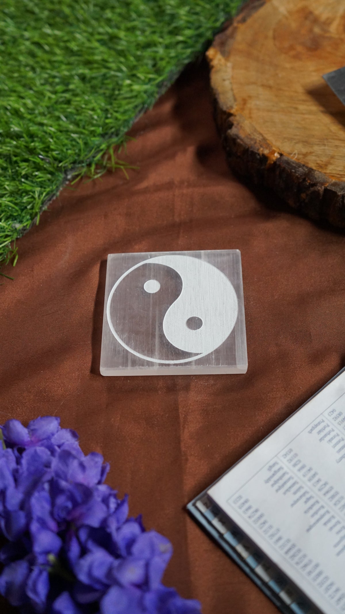 Natural selenite plate with different carvings-Square-Yin Yang-Maitri Export | Crystals Store
