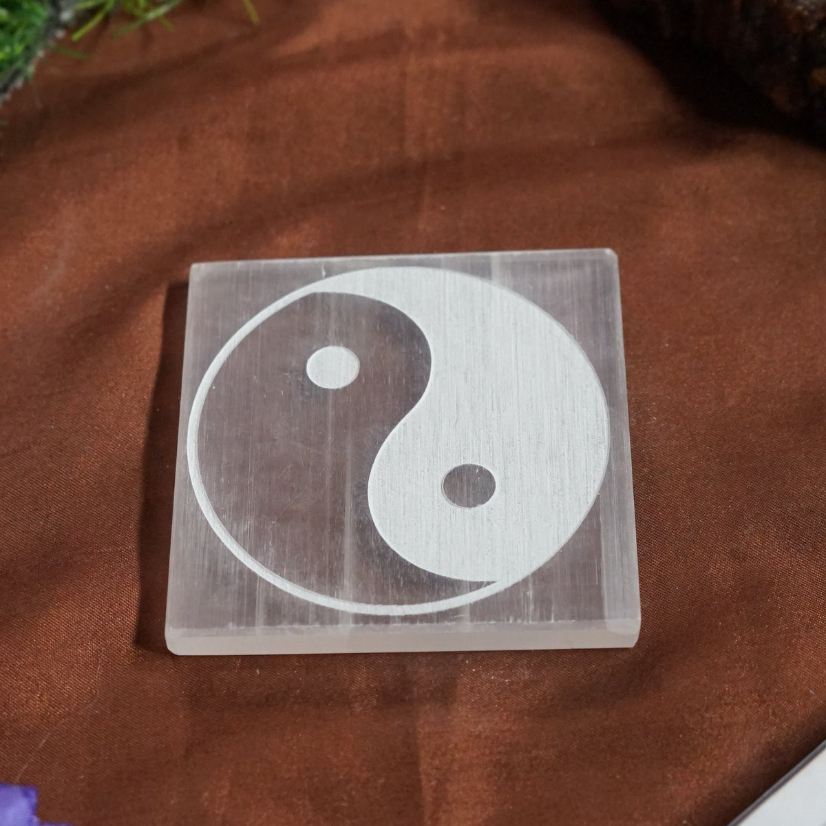 Natural selenite plate with different carvings 2 inch-Square-yin yang-Maitri Export | Crystals Store