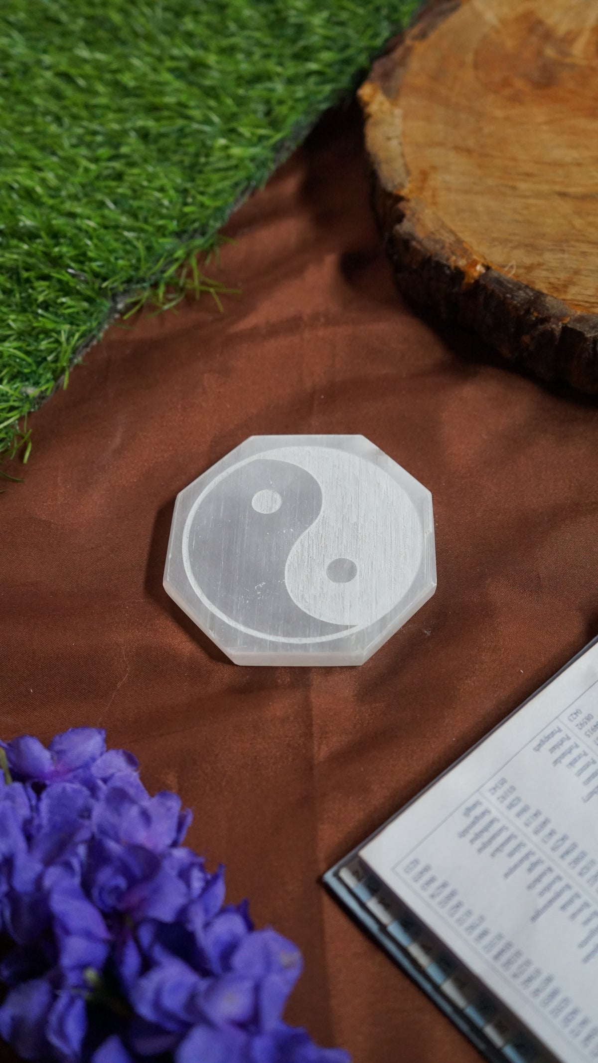 Natural selenite plate with different carvings-Octagon-Yin Yang-Maitri Export | Crystals Store