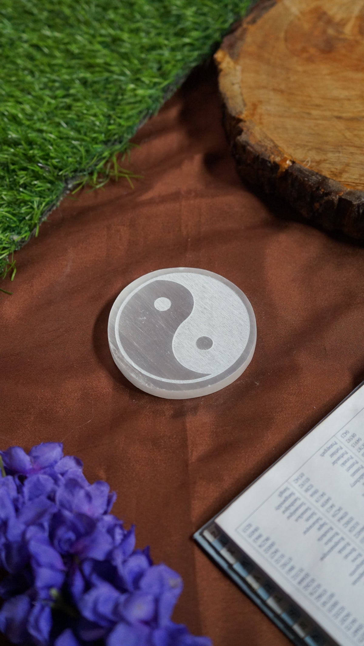 Natural selenite plate with different carvings-Round-Yin Yang-Maitri Export | Crystals Store