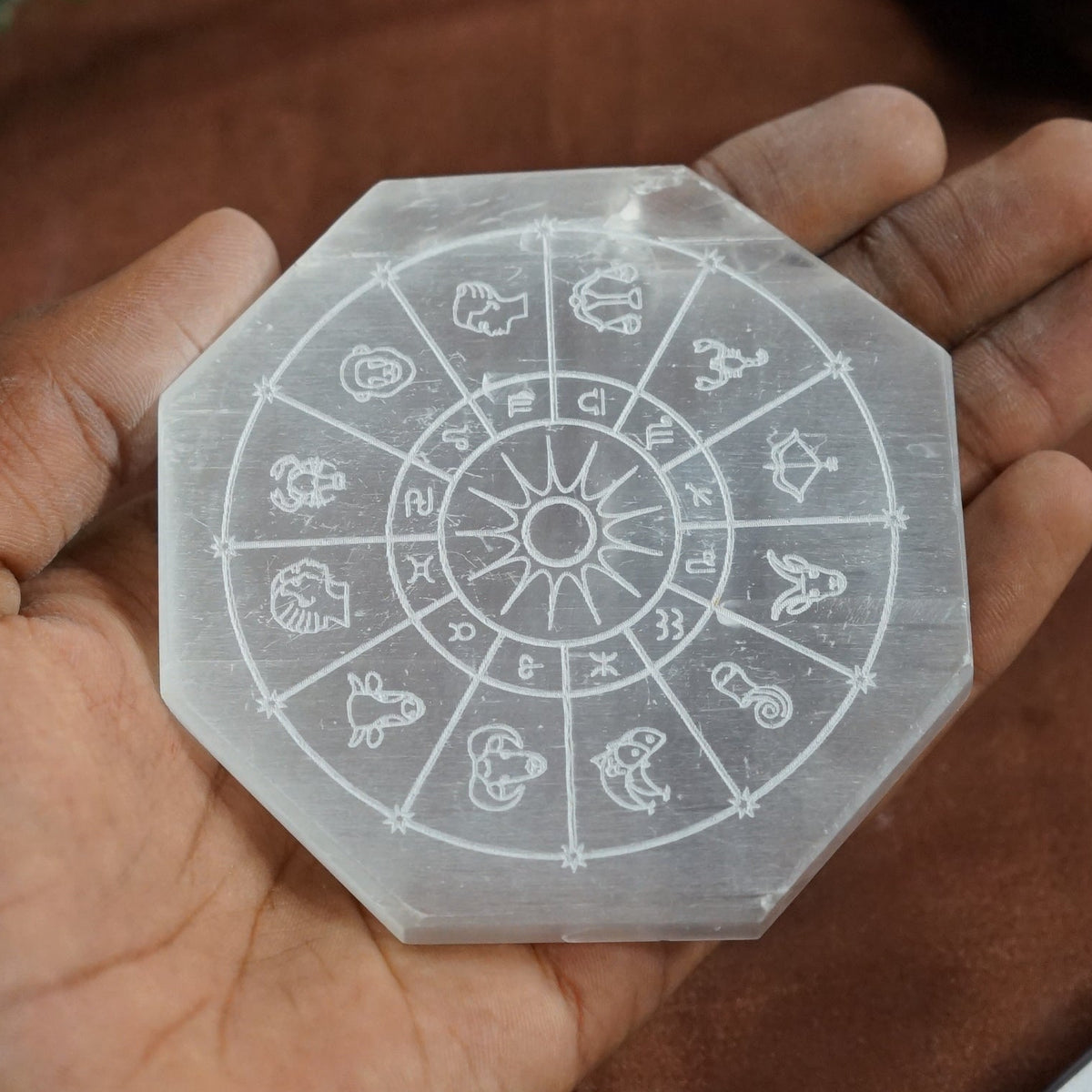 Natural selenite plate with different carvings-Octagon-Zodiac sign-Maitri Export | Crystals Store