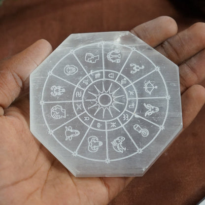 Natural selenite plate with different carvings-Octagon-Zodiac sign-Maitri Export | Crystals Store