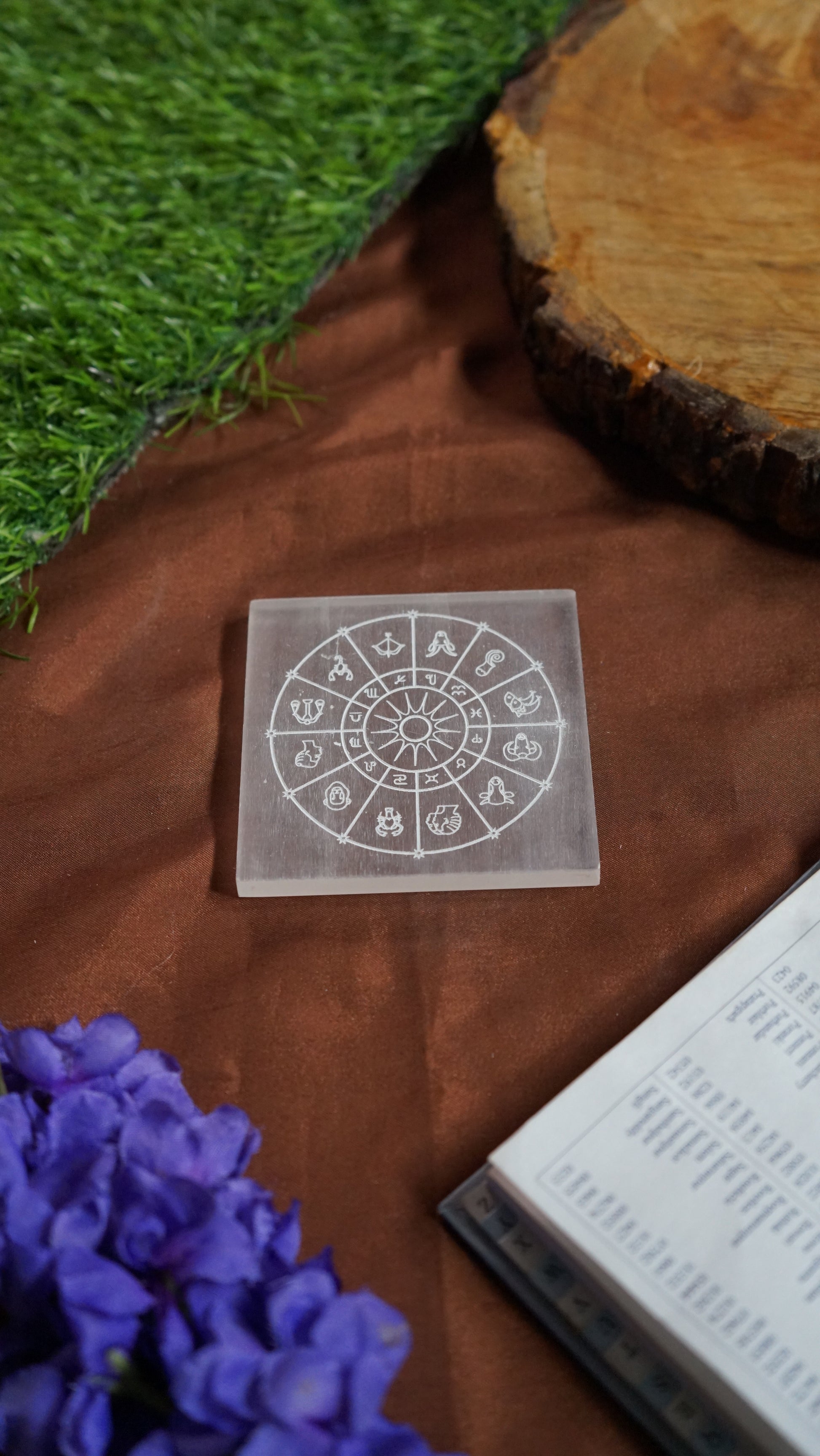Natural selenite plate with different carvings-Square-Zodiac symbol-Maitri Export | Crystals Store
