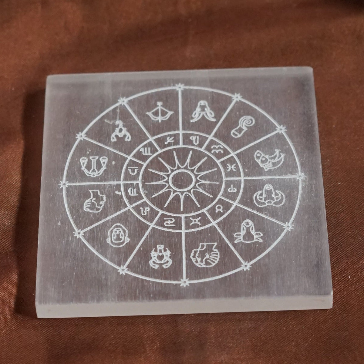 Natural selenite plate with different carvings-Square-Zodiac sign-Maitri Export | Crystals Store