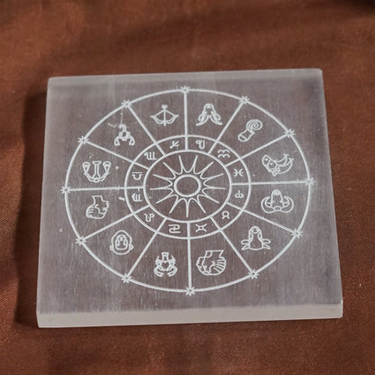 Natural selenite plate with different carvings-Square-Zodiac sign-Maitri Export | Crystals Store