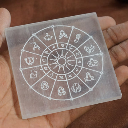 Natural selenite plate with different carvings 2 inch
