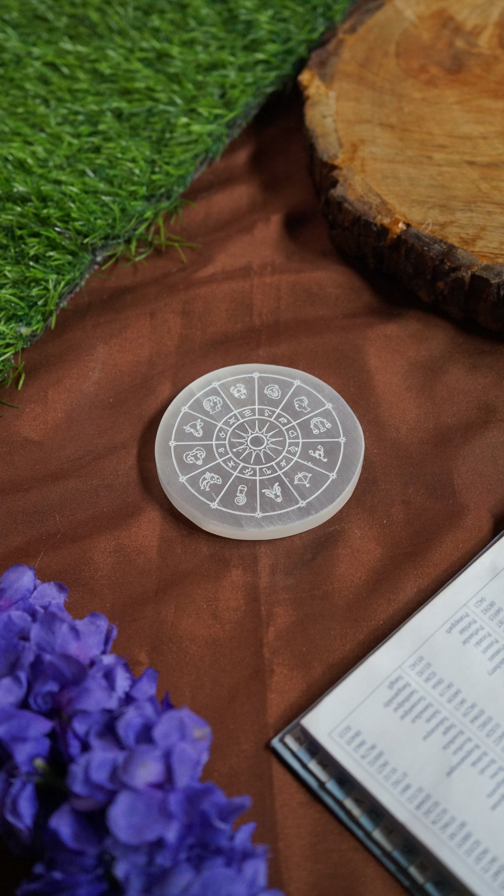 Natural selenite plate with different carvings-Round-Zodiac symbol-Maitri Export | Crystals Store