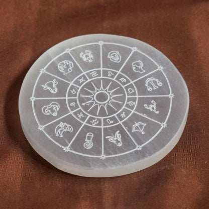 Natural selenite plate with different carvings-Round-Zodiac sign-Maitri Export | Crystals Store