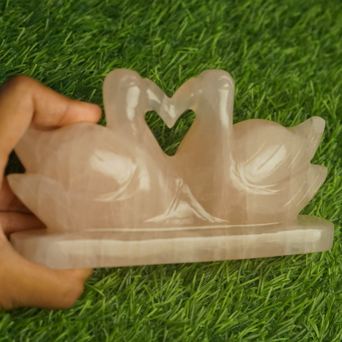 Rose quartz mandarin duck pair 300gm Plus