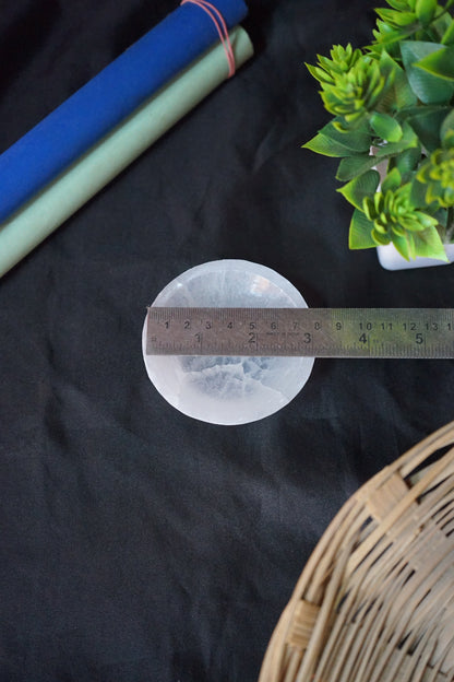 Natural Selenite crystal hand carved bowl in different shapes-Round 3 inch-Maitri Export | Crystals Store