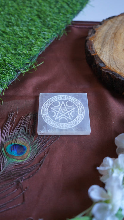 Natural selenite plate with different carvings 2 inch