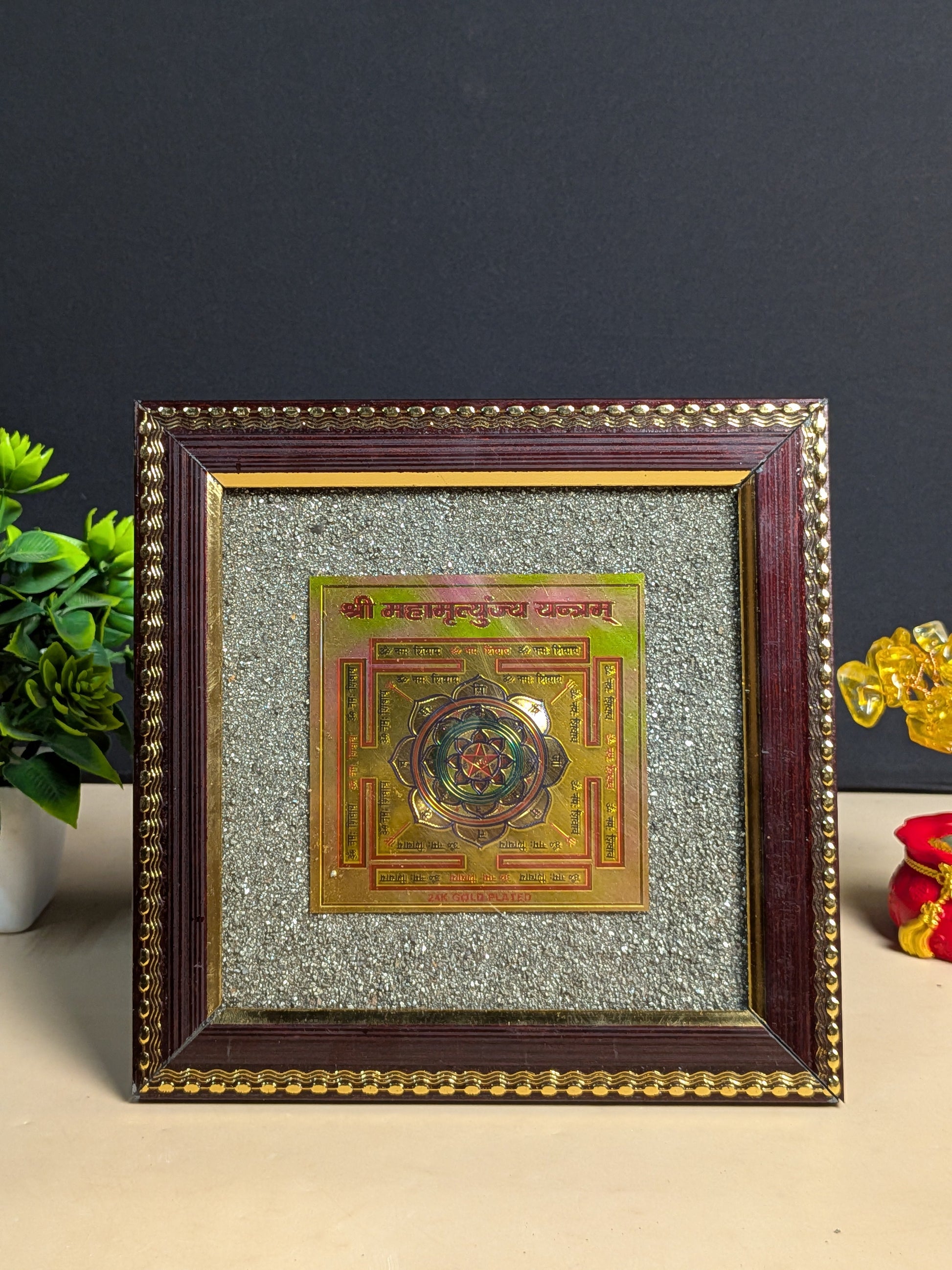 Pyrite frame in different yantras ( 7.5 x 7.5 )-shree mahamrutyunjay yantram-Maitri Export | Crystals Store