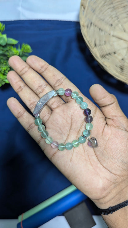 8 mm Bracelet With Pipe And Heart Charm-Multi Flourite-Maitri Export | Crystals Store