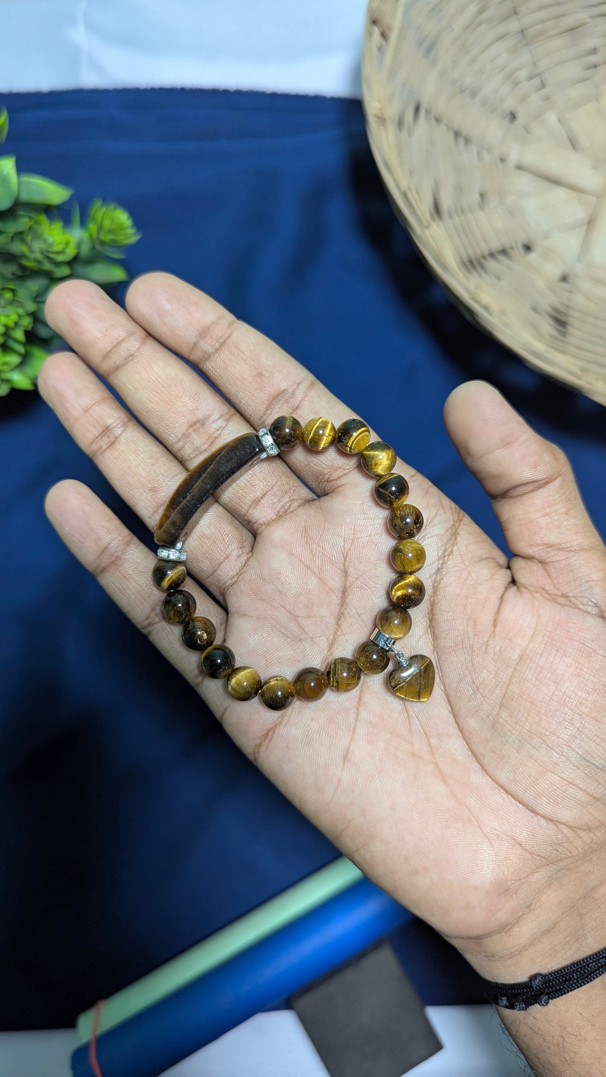8 mm Bracelet With Pipe And Heart Charm-Tiger Eye-Maitri Export | Crystals Store