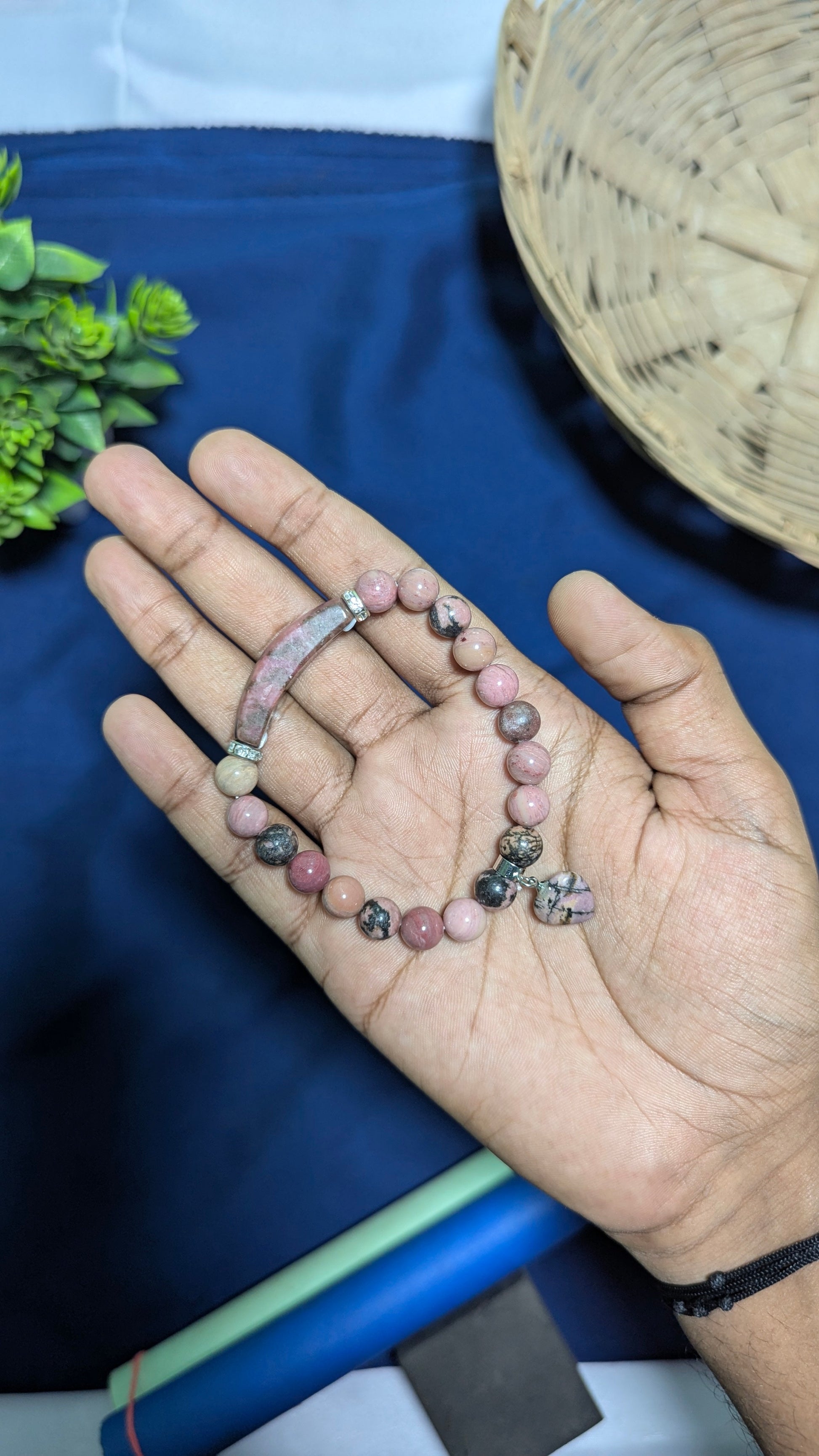 8 mm Bracelet With Pipe And Heart Charm-Rhodonite-Maitri Export | Crystals Store