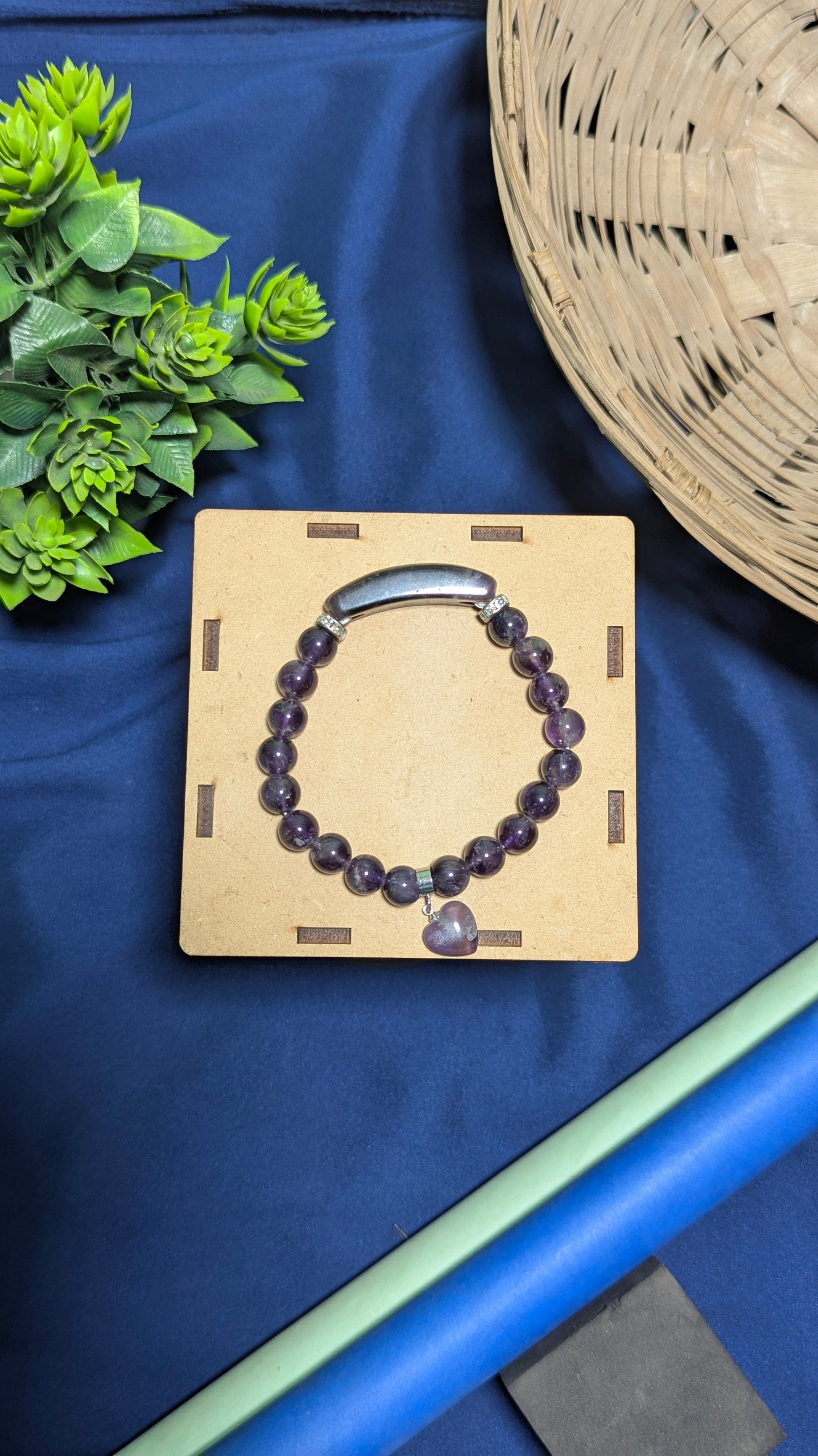 8 mm Bracelet With Pipe And Heart Charm-Amethyst-Maitri Export | Crystals Store