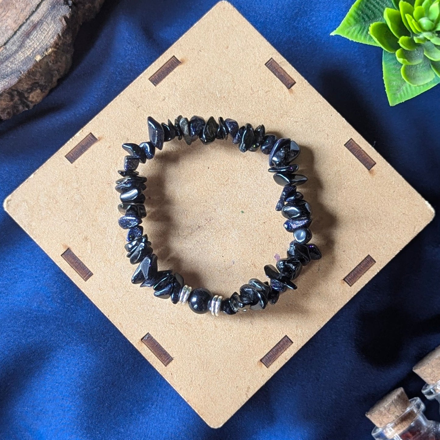 Chips Bracelet with center 8mm beads-Blue Gold Stone-Maitri Export | Crystals Store