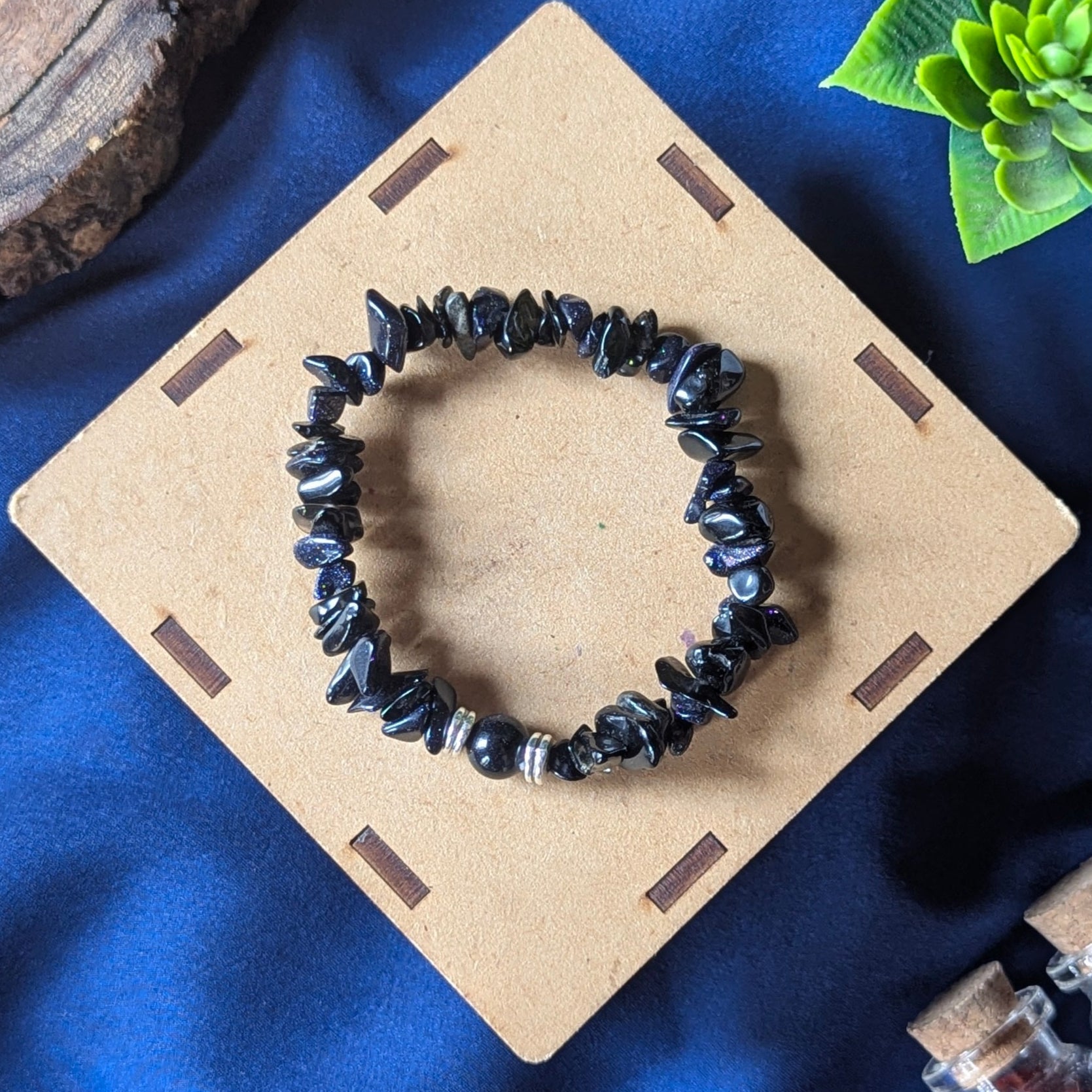 Chips Bracelet with center 8mm beads-Blue Gold Stone-Maitri Export | Crystals Store