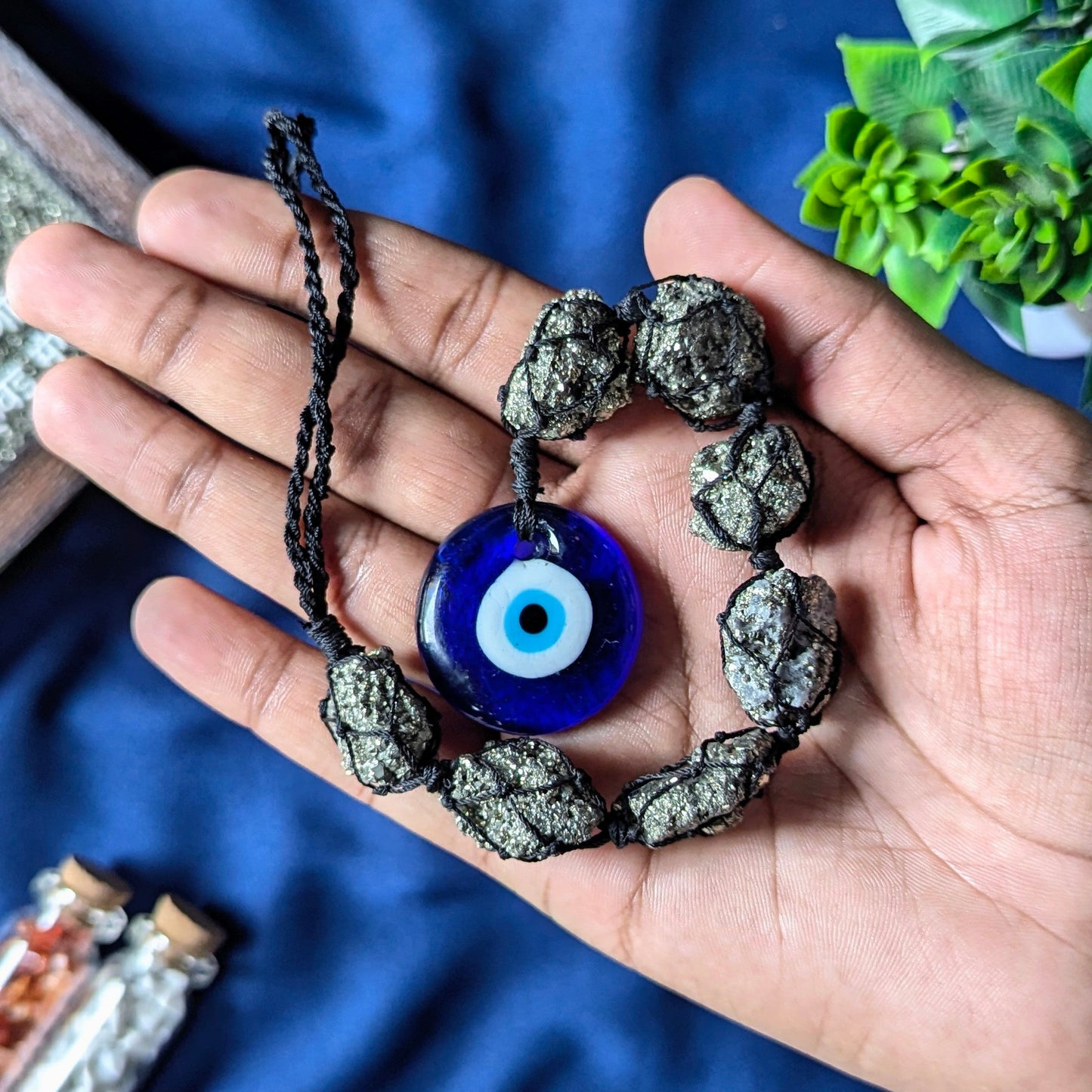 pyrite cluster with evil eye thread hanger-Maitri Export | Crystals Store