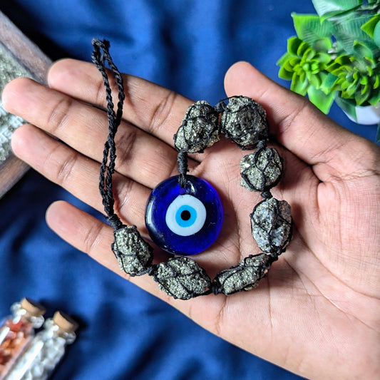 pyrite cluster with evil eye thread hanger-Maitri Export | Crystals Store