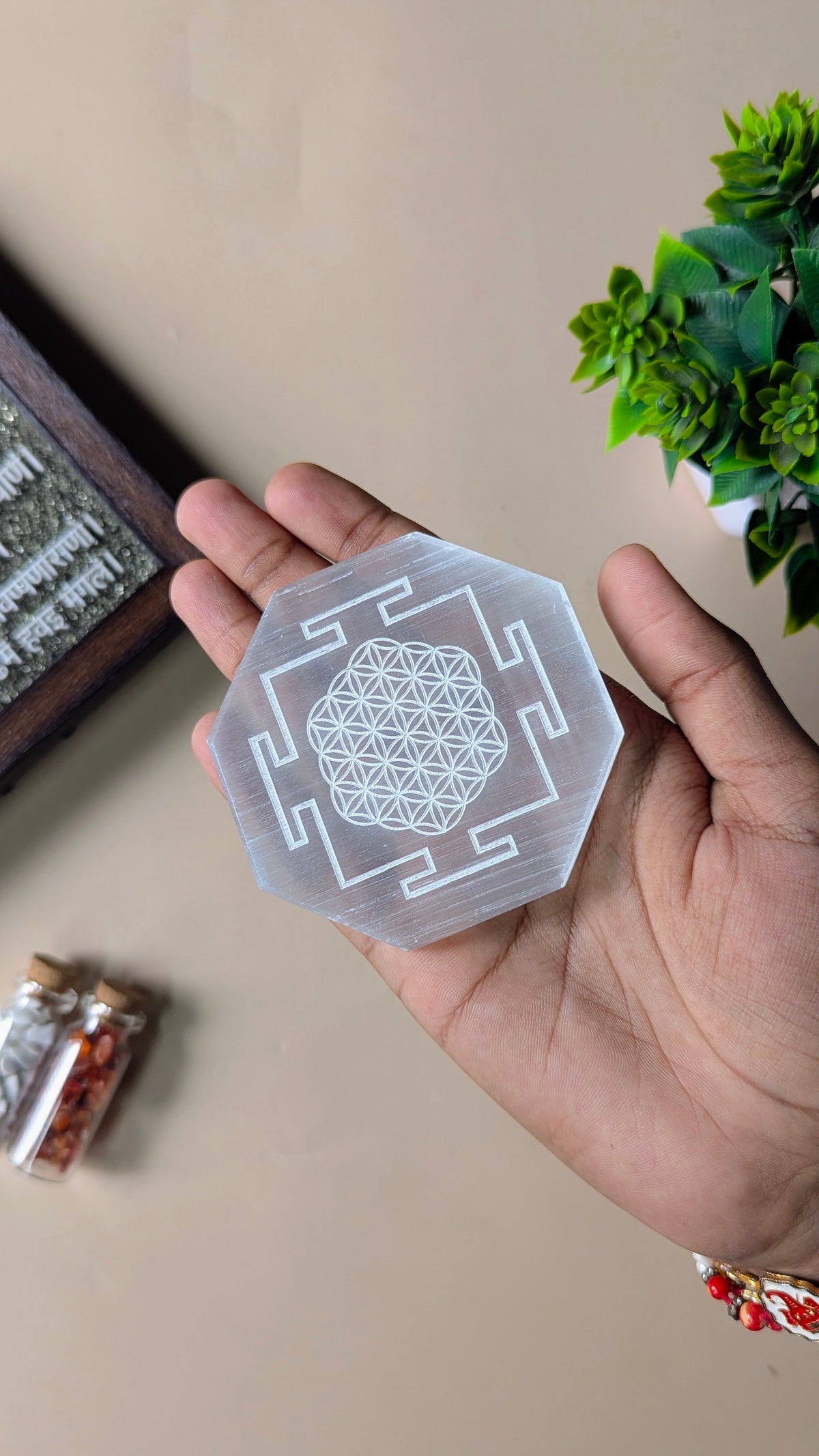 Natural selenite plate with different carvings-Octagon-Shreeyantra with Flower of Life-Maitri Export | Crystals Store
