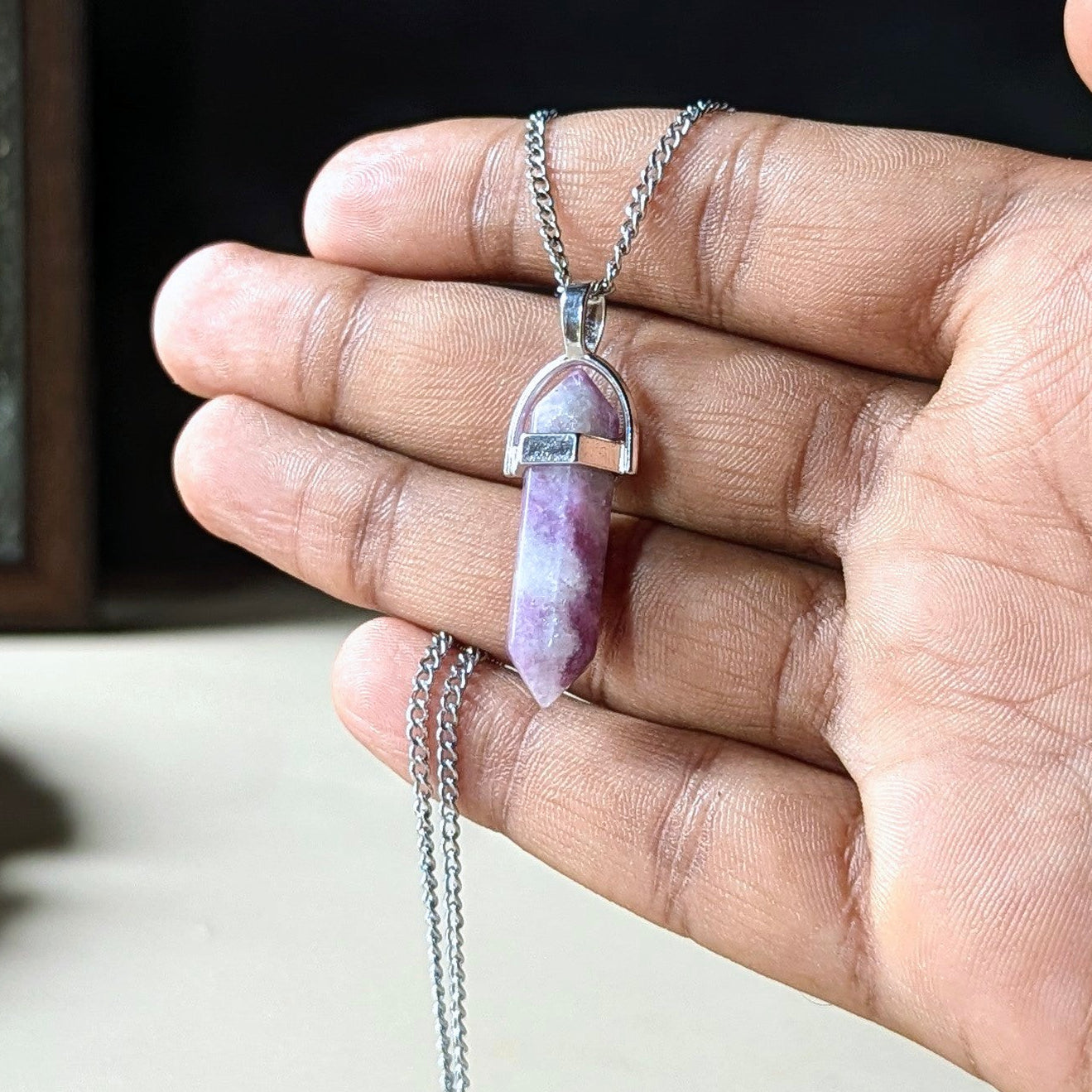 Natural Crystal Stones double point Silver Cap pendant-Lepidolite-Maitri Export | Crystals Store