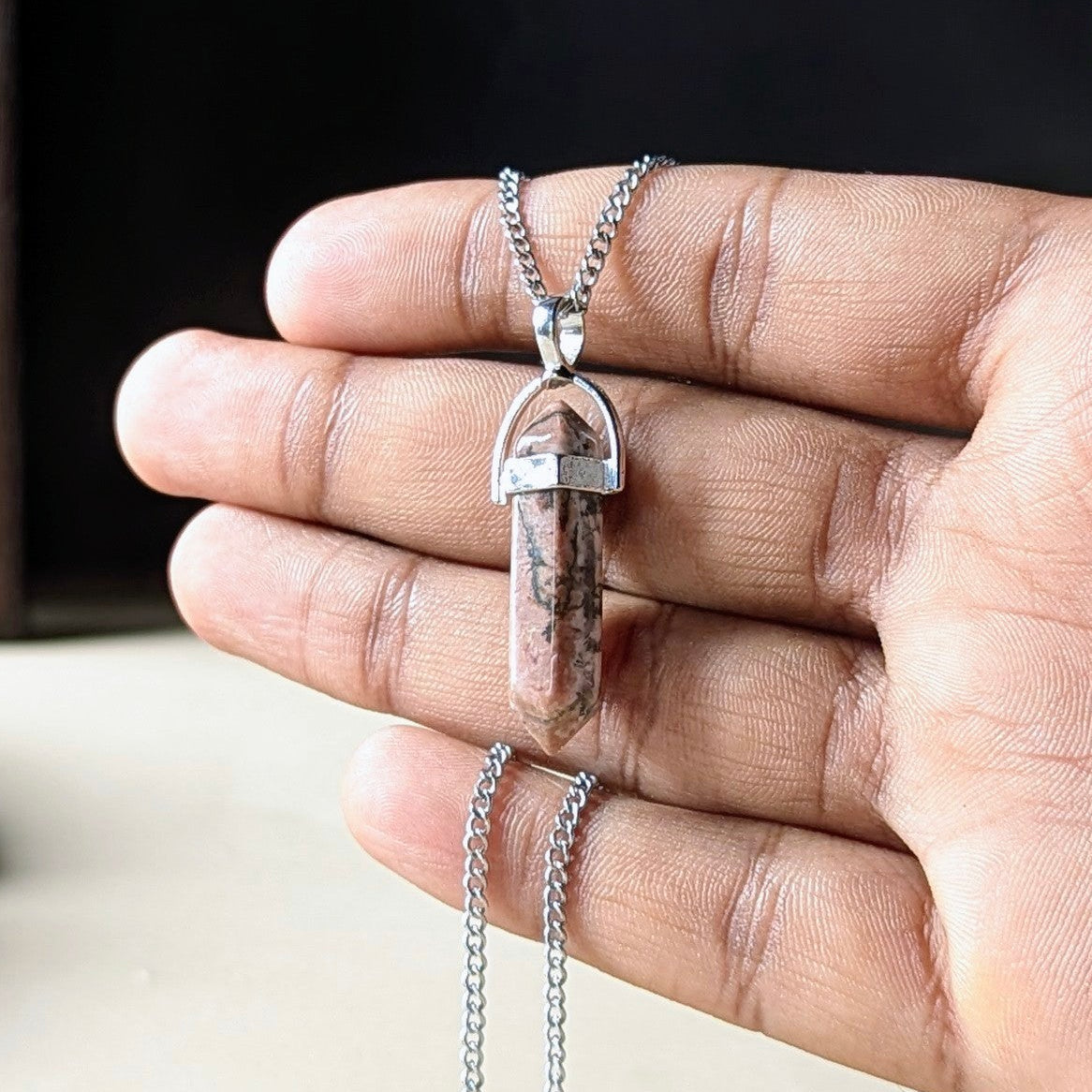 Natural Crystal Stones double point Silver Cap pendant-Rhodonite-Maitri Export | Crystals Store