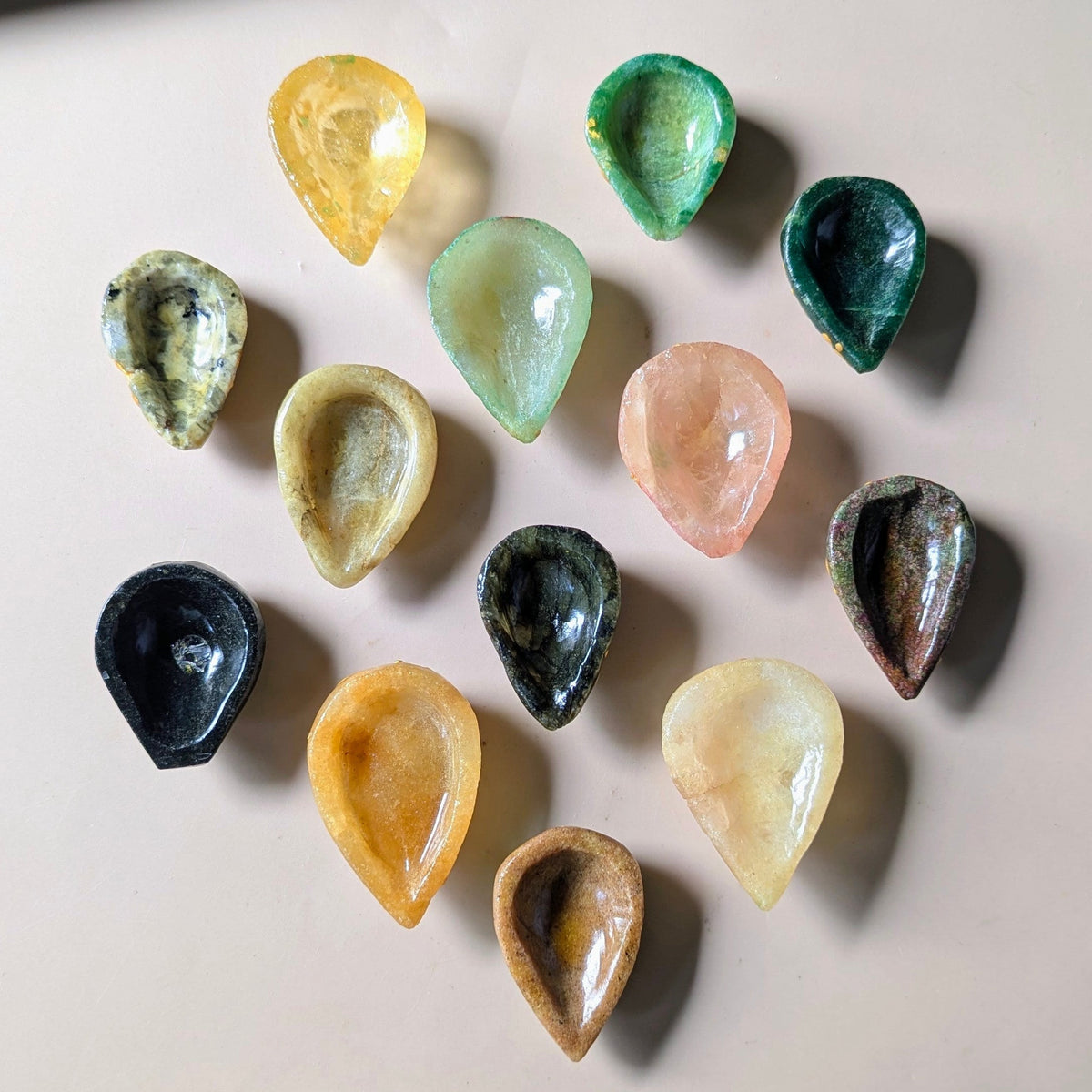Natural Healing Crystal Stone Painted Leaf  Diya / Deepak