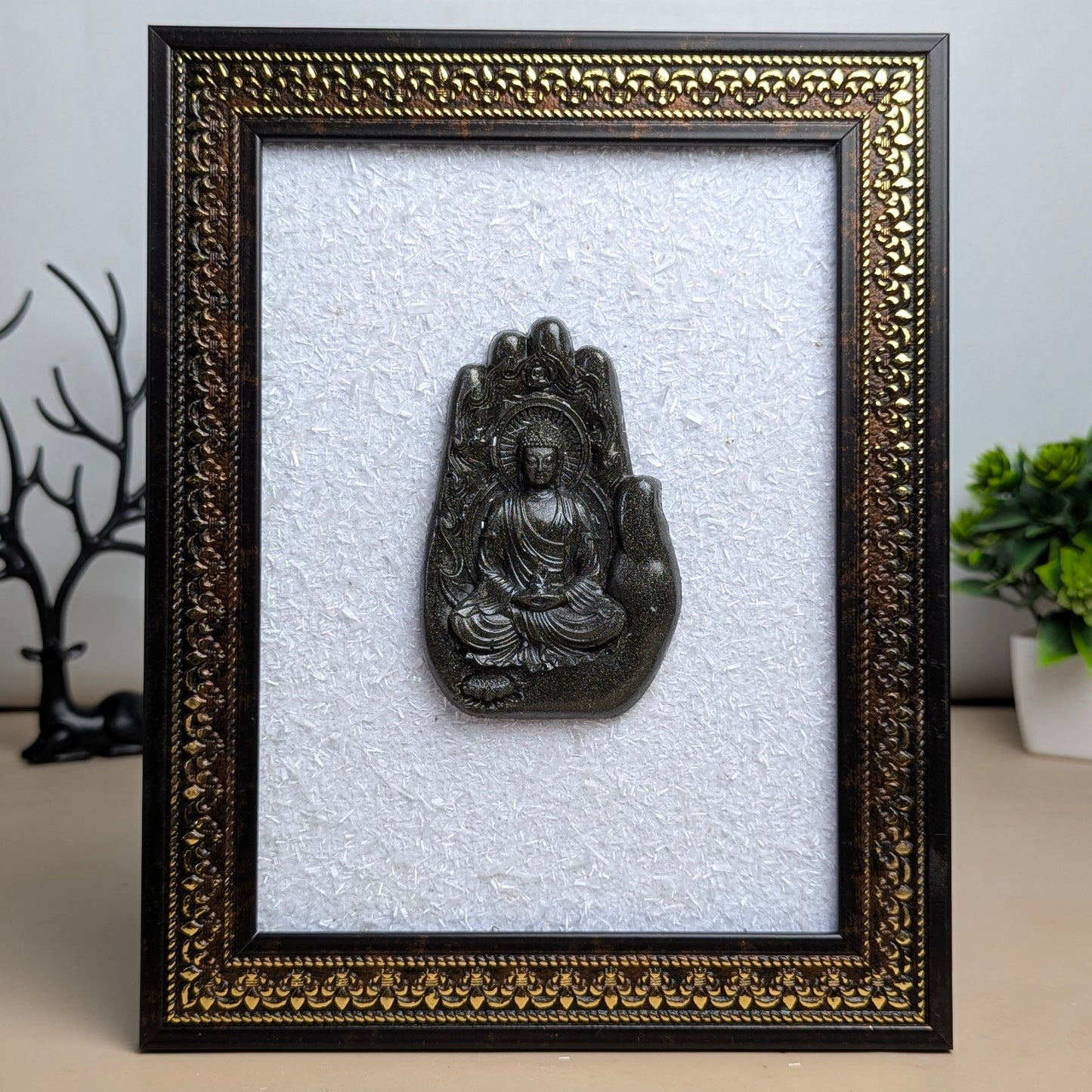Pyrite Murti With Selenite Base Frame-Hamsa with buddha-Maitri Export | Crystals Store