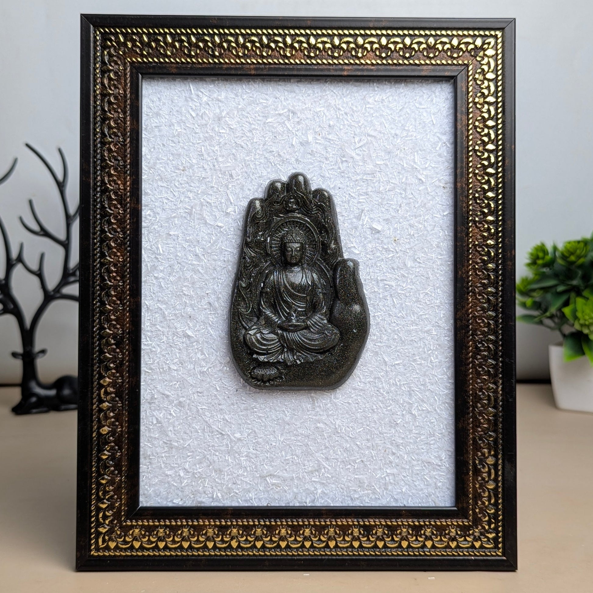 Pyrite Murti With Selenite Base Frame-Hamsa with buddha-Maitri Export | Crystals Store