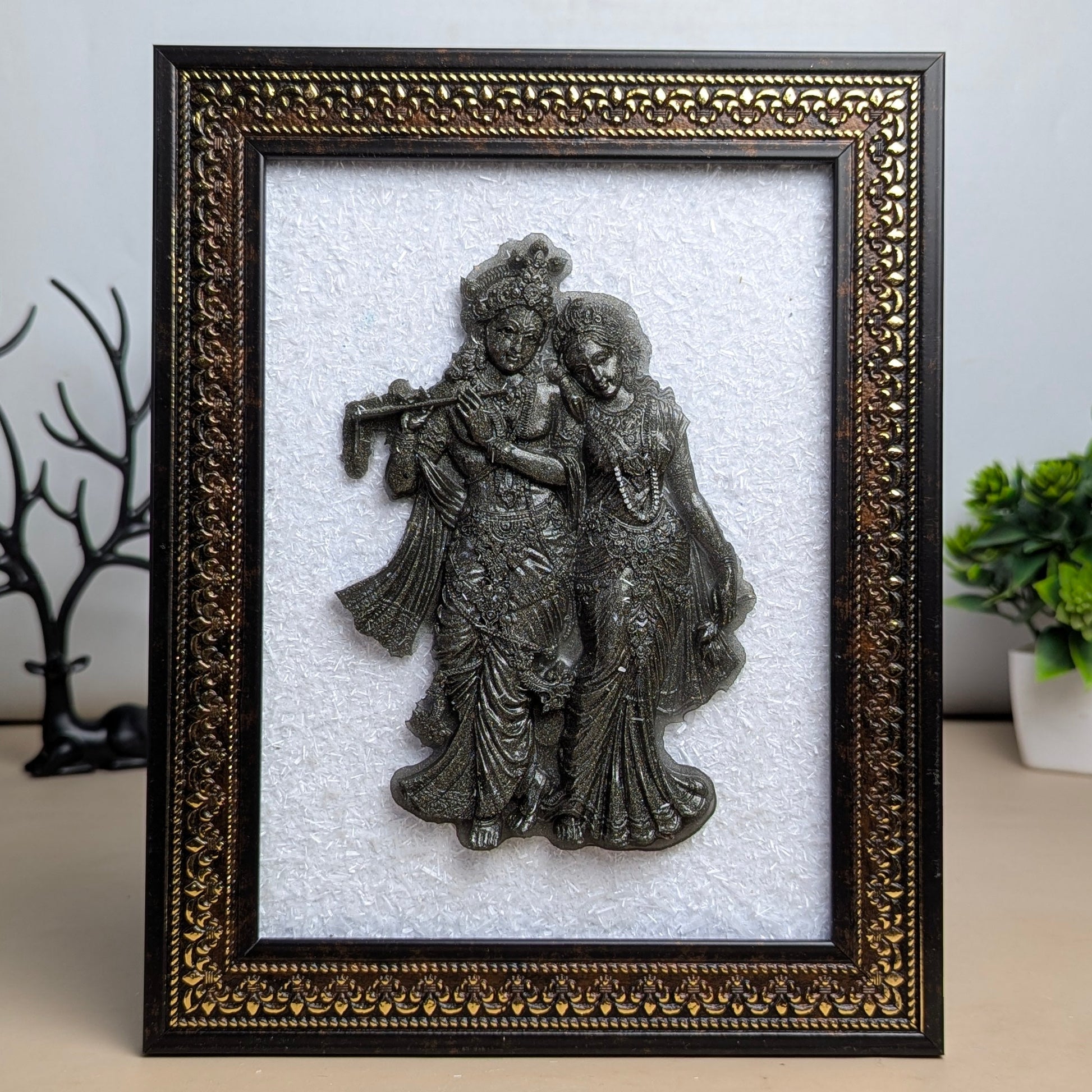 Pyrite Murti With Selenite Base Frame-Radha krishna-Maitri Export | Crystals Store