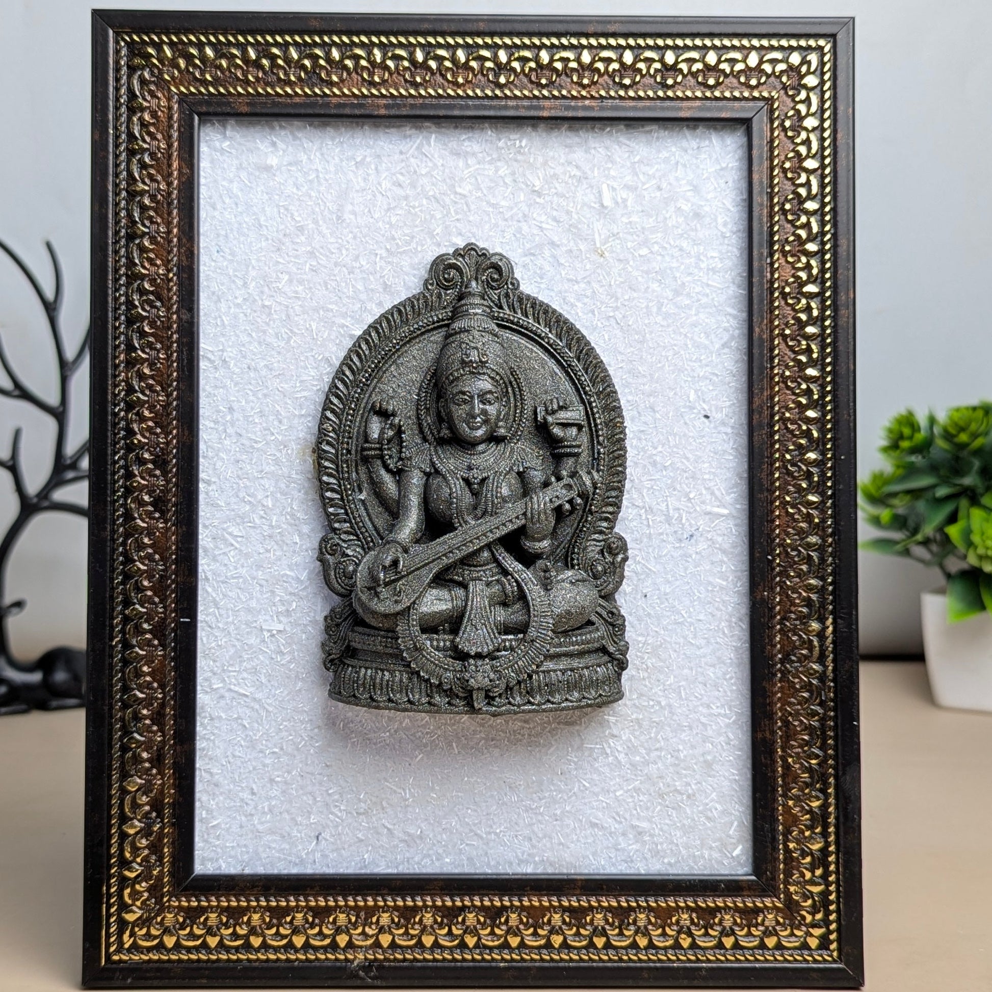 Pyrite Murti With Selenite Base Frame-Saraswati Ma-Maitri Export | Crystals Store