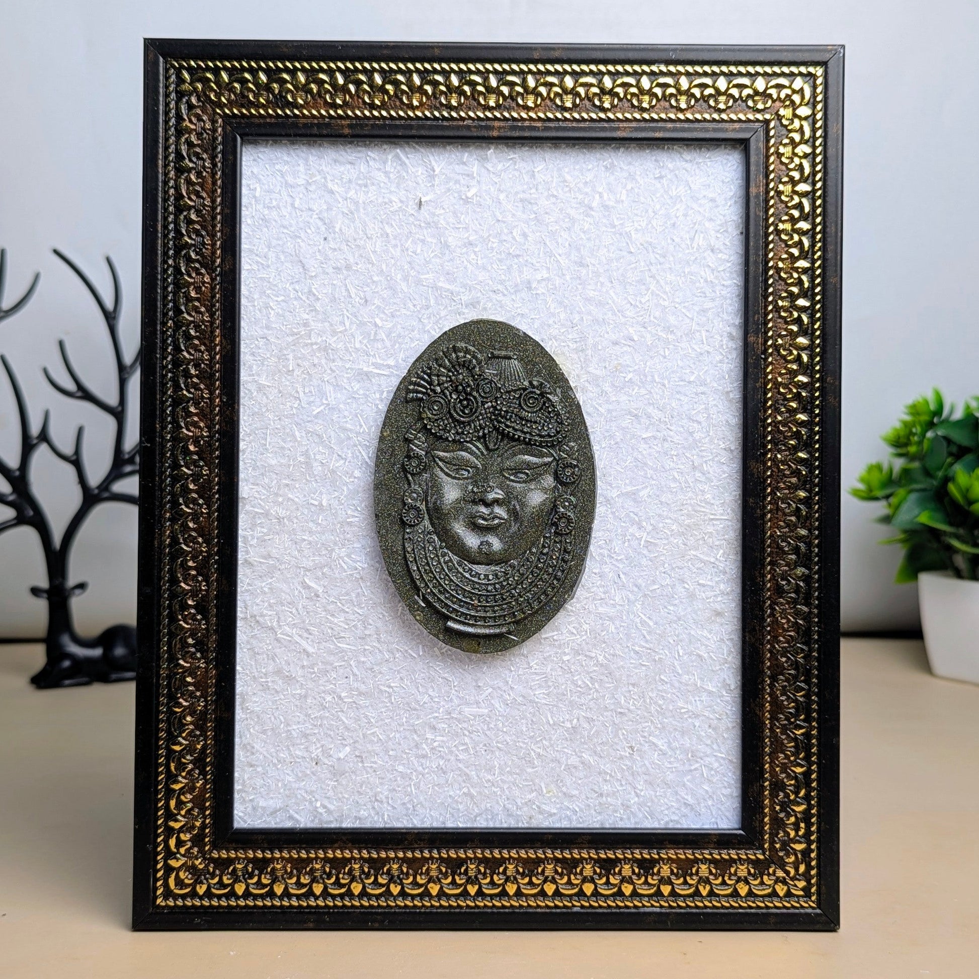 Pyrite Murti With Selenite Base Frame-Shreenath ji-Maitri Export | Crystals Store