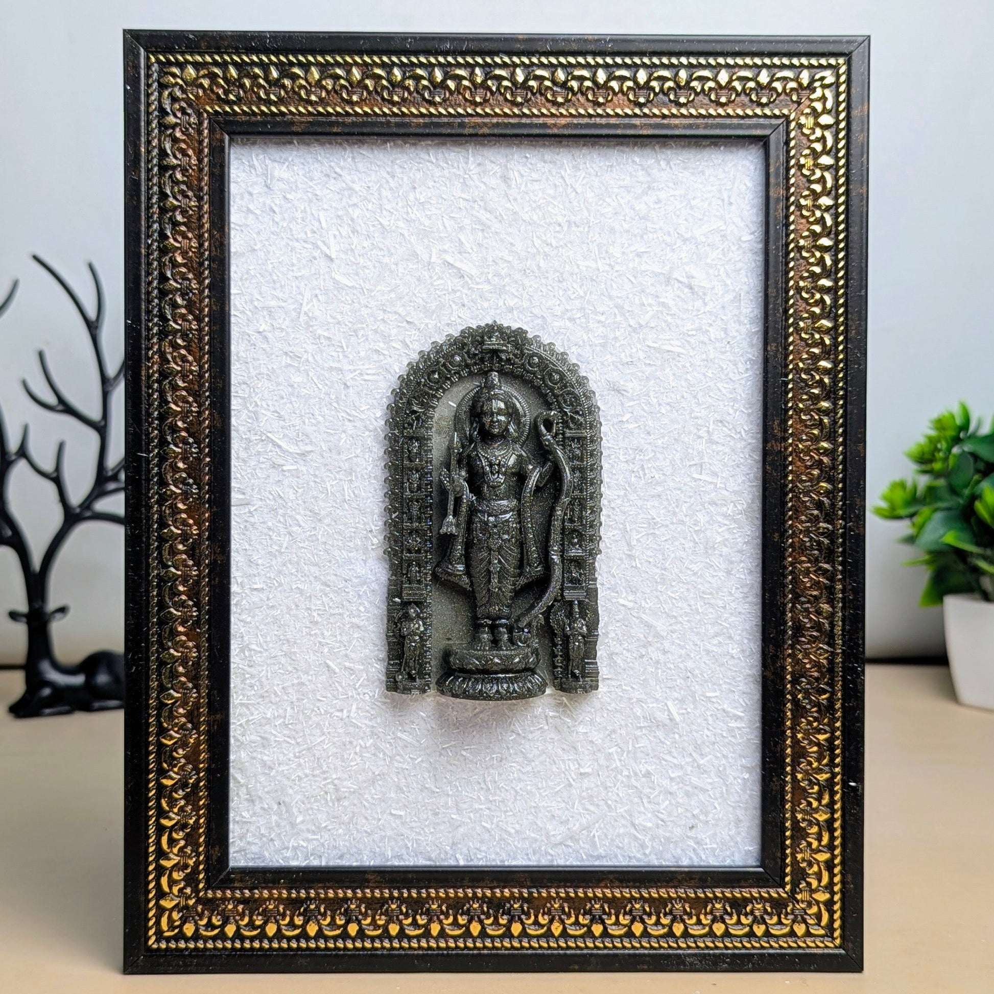 Pyrite Murti With Selenite Base Frame-Ram lalla-Maitri Export | Crystals Store